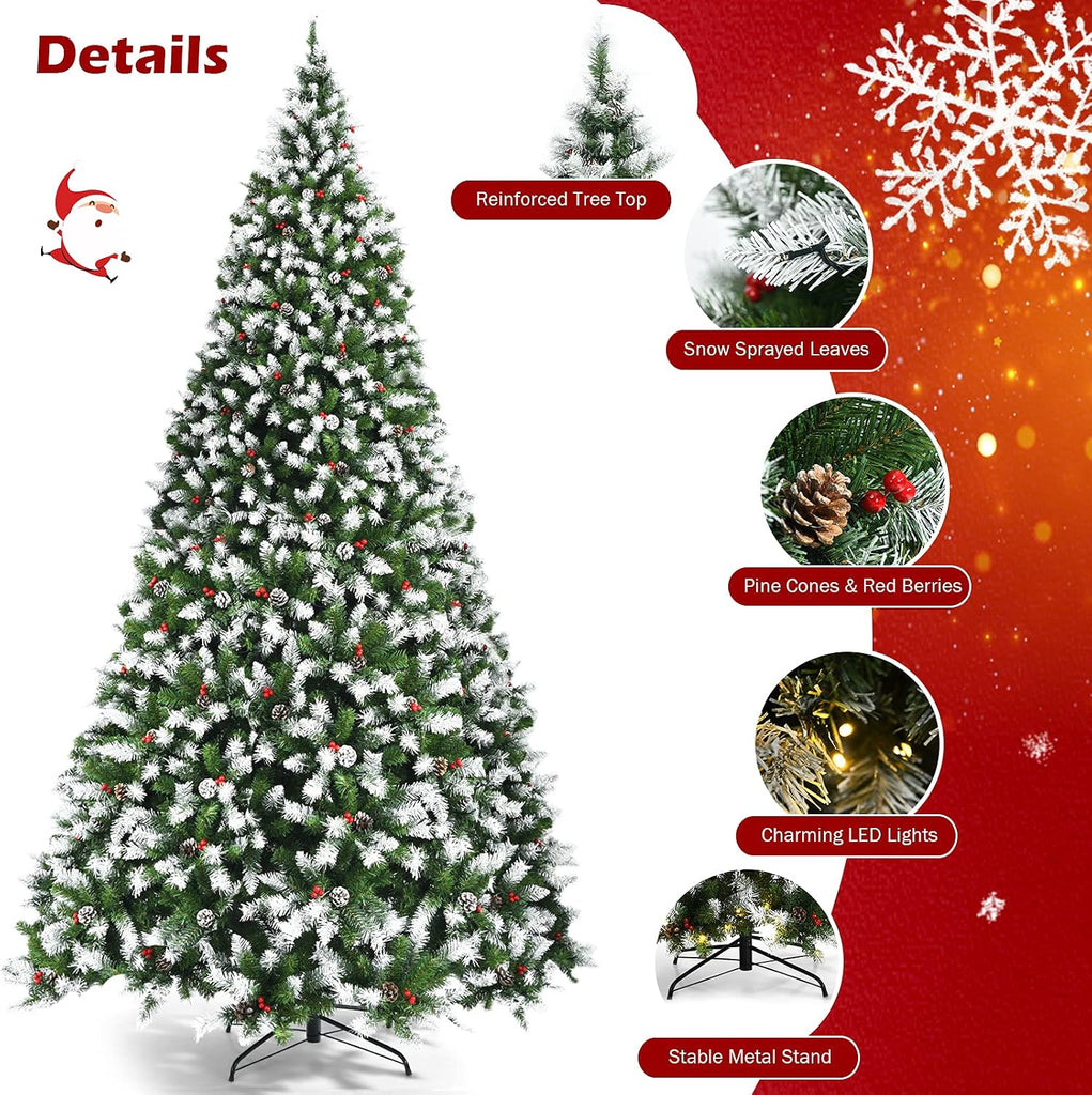 Pre-lit Artificial Christmas Tree, 6 to 9 ft, Hinged Snow Flocked Xmas Tree w/Pine Cones & Red Berries