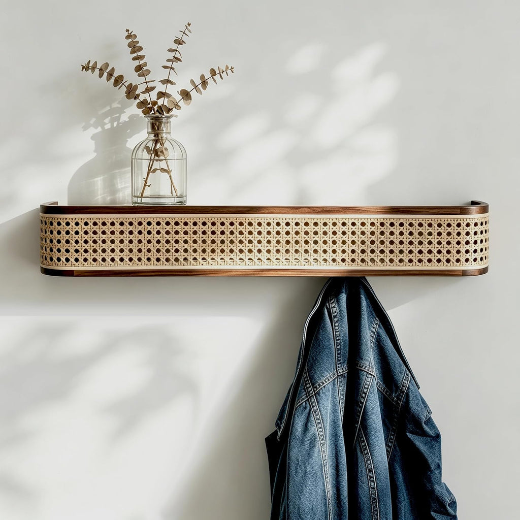Solid North American Black Walnut Wall Coat Rack with Shelf | Modern wooden entryway wall mount coat rack with rattan