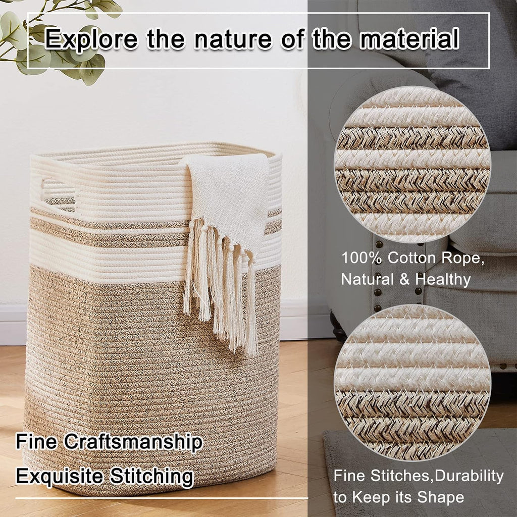 Laundry Hamper-Laundry Basket,Tall Cotton Storage Basket with Handles,Decorative Blanket Basket ,Collapsible Large