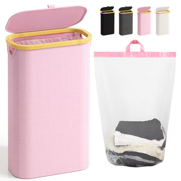 Slim Laundry Hamper with Lid, 75L Small Laundry Basket, Pink