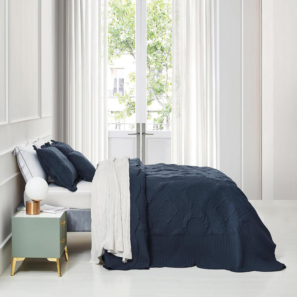 Oversized King Bedspread 128x120 Extra Wide, Stitched Damask Quilt Set King/Cal King, Lightweight Reversible