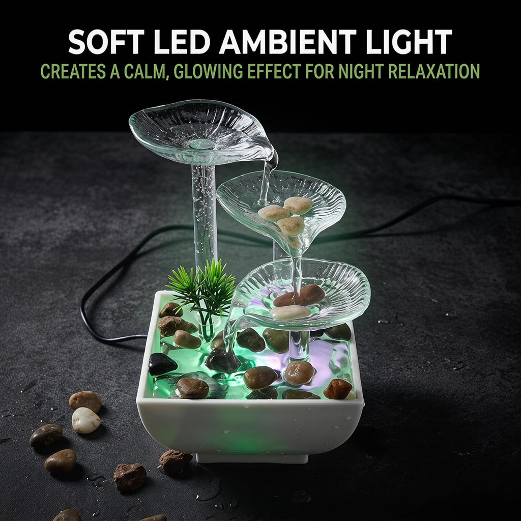 Tabletop Water Fountain,3-Tier Transparent Glass Lotus Leaf Zen Fountain,Indoor Water Feature with LED Bead Bedroom