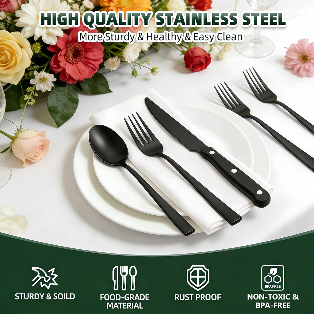 72-Piece Black Silverware Set with Steak Knives, Stainless Steel Flatware Set for 12, Tableware Cutlery Set