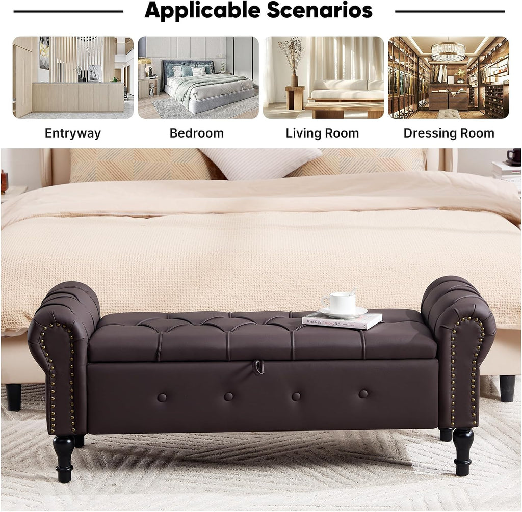 Storage Bench 51" Faux Leather End of Bed Benches Dark Brown | Queen Size Storage Bench with Rolled Arms Tufted