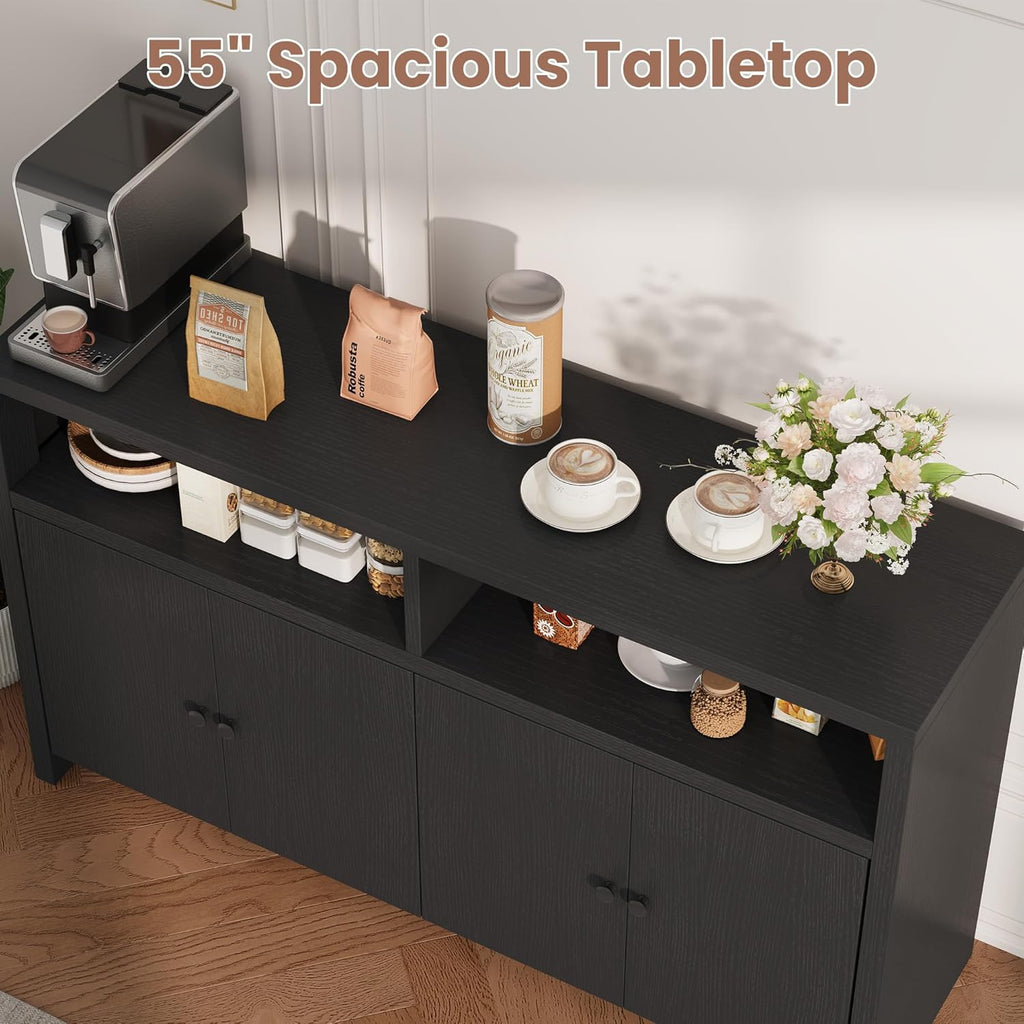Buffet Sideboard Cabinet with Storage, 55" Large Farmhouse Kitchen Storage Cabinet with 4 Doors & Adjustable Shelves