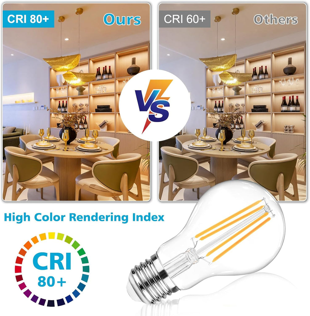 60 Watt Equivalent, E26 LED Filament Light Bulbs, Warm White 2700K, Non-Dimmable, Classic Clear Glass, A19 LED Light - Set of 6