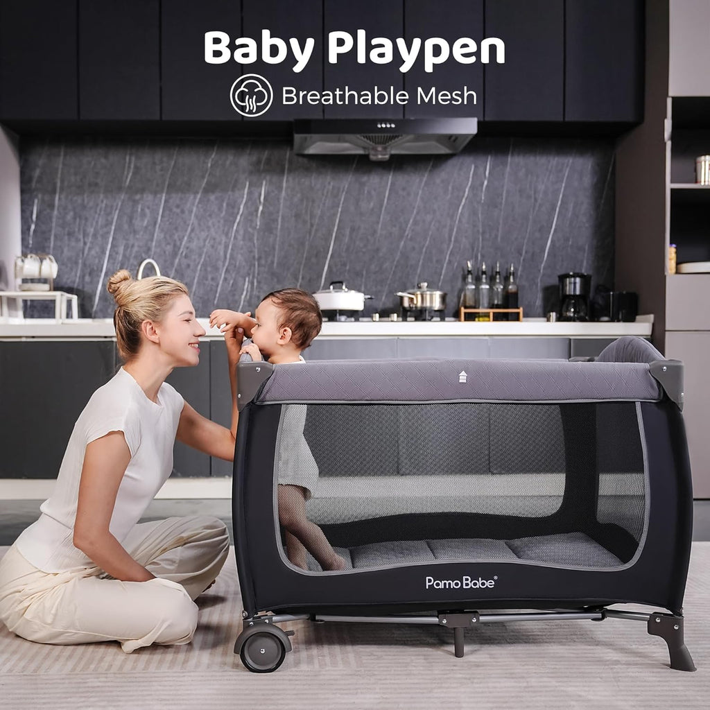 Playard with Canopy, Portable Crib with Changing Table