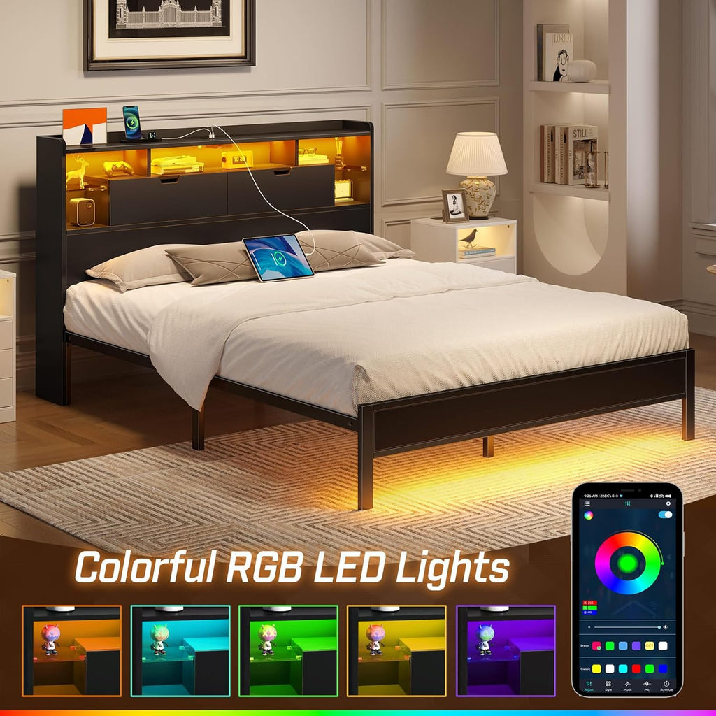 Full Bed Frame with Headboard, LED Bed with Bookcase Storage and Charging Station