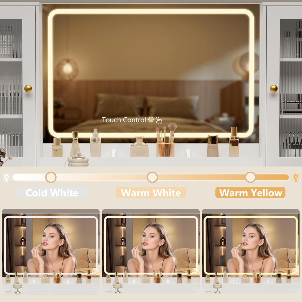 Fluted Makeup Vanity Desk with Mirror and Lights, 55" Glass Top Vanity with 8 Drawers & 4 RGB Glass Cabinets