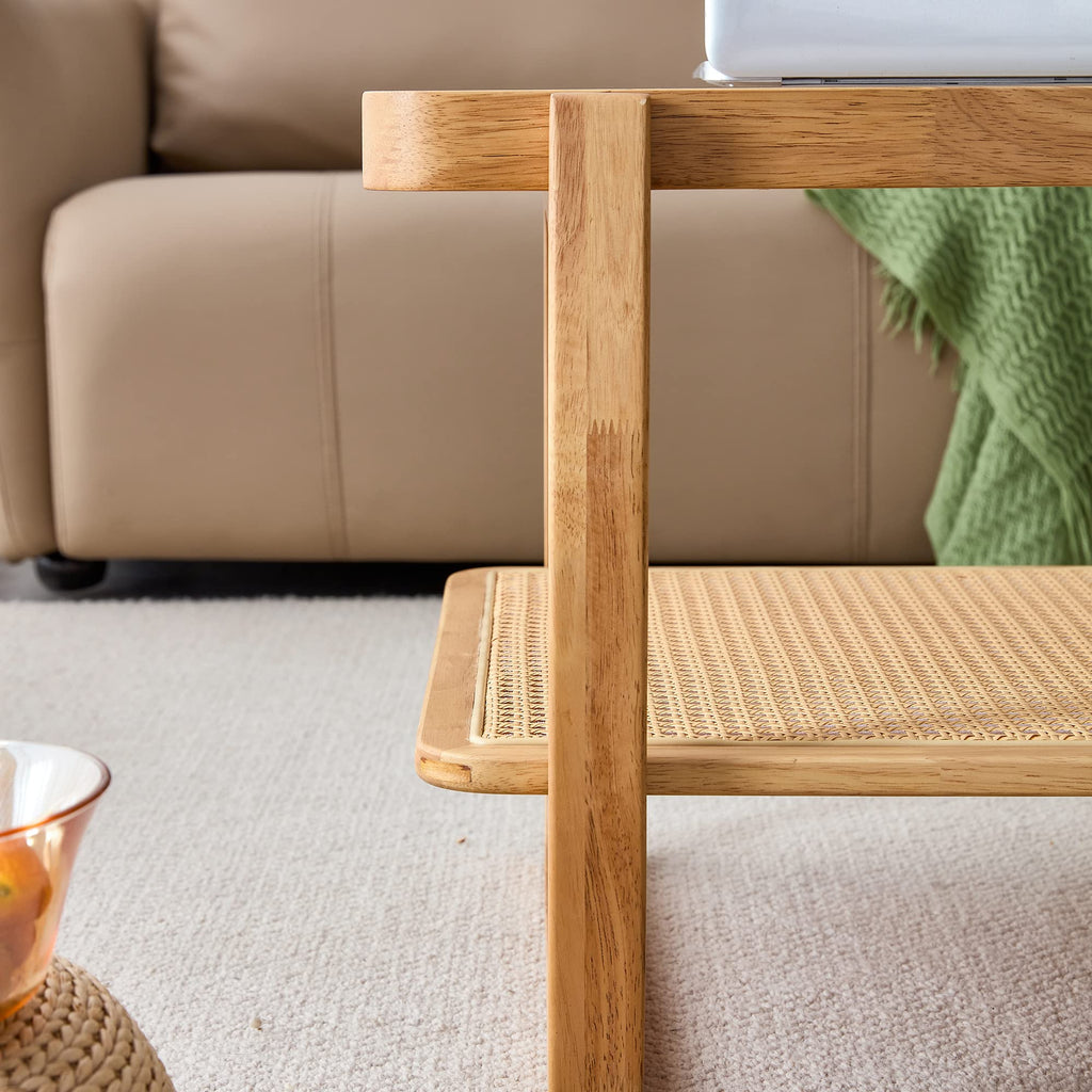 Solid Wood Coffee Table, Modern Rattan Coffee Table with 2-Tier Storage Shelf, Boho Rectangle Coffee Table with Glass