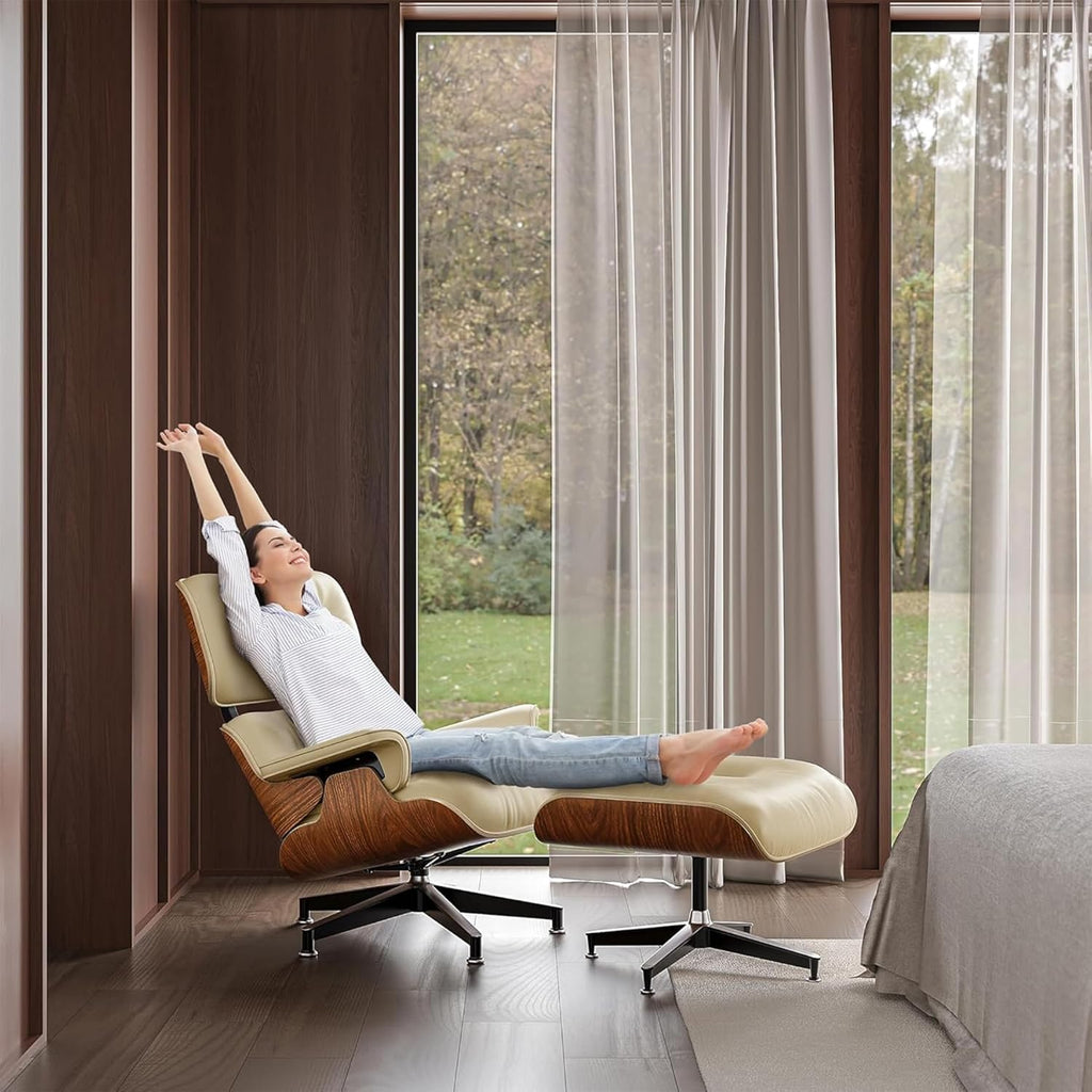 Mid-Century Modern Lounge Chair & Ottoman — Cream Bonded Grain Leather, Walnut Base, Premium Tall Back