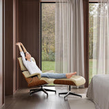 Mid-Century Modern Lounge Chair & Ottoman — Cream Bonded Grain Leather, Walnut Base, Tall Back