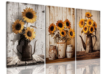 3 Piece Sunflower Wall Art Rustic Vintage Floral Canvas Wall Art Flower in Pitcher Pictures Wall Decor Farmhouse Art