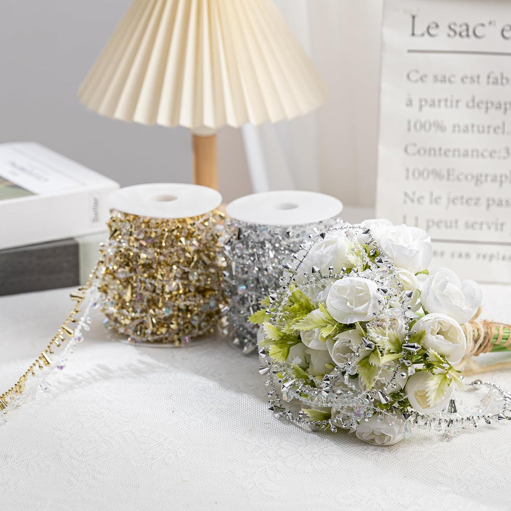 33 Feet Crystal Garland Christmas Clear Iridescent Crystal Bead Rolls and Gold Bead Garland Twist Bead String for