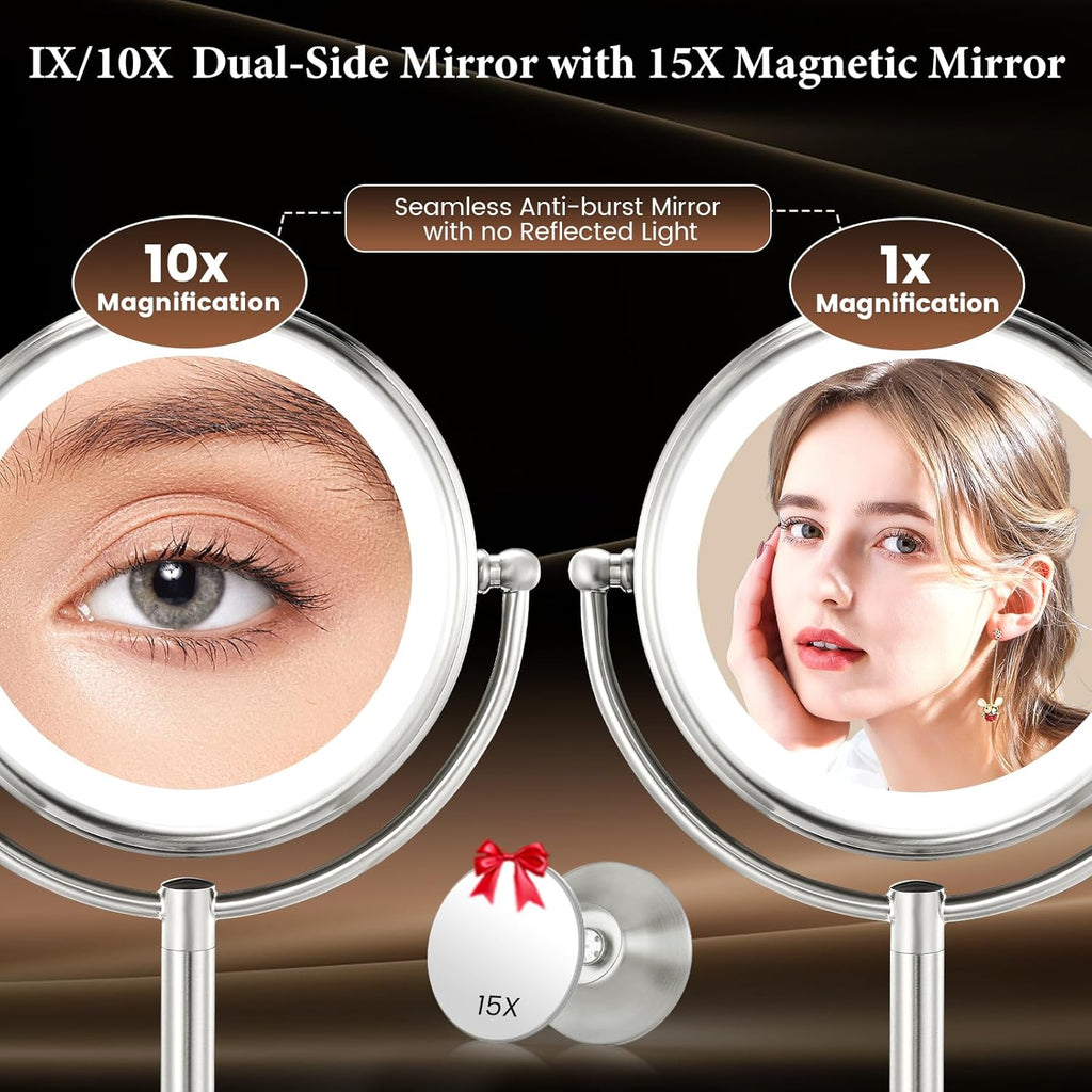 Professional 8.5" Large Lighted Makeup Mirror with Brighter Lights, 1X/10X True HD Magnifying Mirror with 3 Color