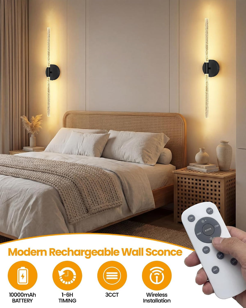 Crystal-Inspired Bubble Battery Operated Wall Sconce Set of 2, 10000mAh 3 Color Temps Rechargeable Wall Lights with Remote, Dimmable Wireless Wall Lamp for Living Room Bedroom