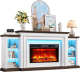 80 Inch Modern Fireplace TV Stand for TVs up to 90 Inches, Entertainment Center with Mantel, Electric Fireplace Heater, Adjustable Flame, Remote Control and LED Lighting