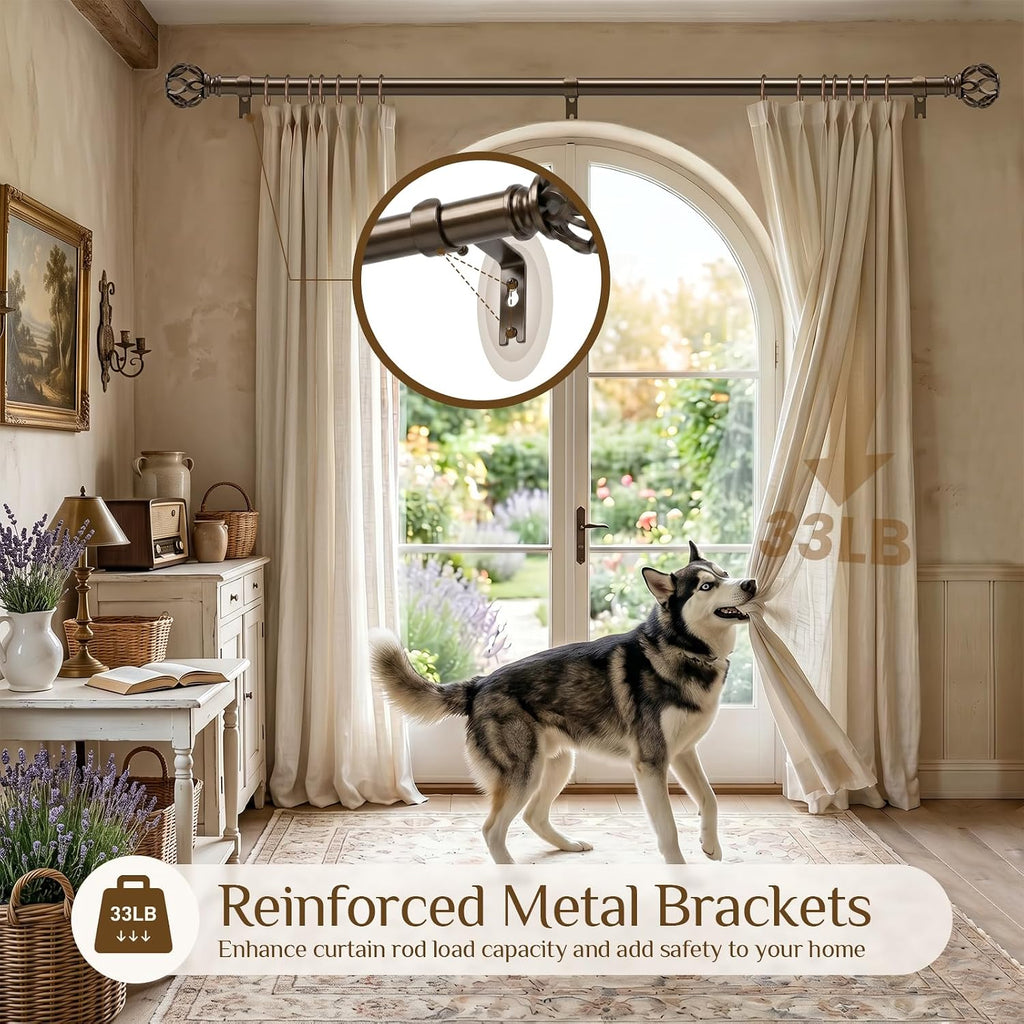 Bronze Decorative Farmhouse Curtain Rods:18-45 Inch Adjustable Heavy Duty Single Window Curtain Rod Living