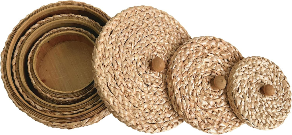 Round Rattan Storage Boxes with Lids Set of 3, Handwoven Wicker Basket, Small Baskets for Shelves, Boho Organizer