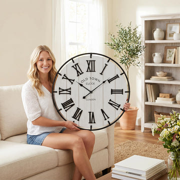 Large 30 Inch Farmhouse Wall Clock, Rustic Distressed Wooden Face with Black Metal Frame, Silent Non-Ticking Quartz