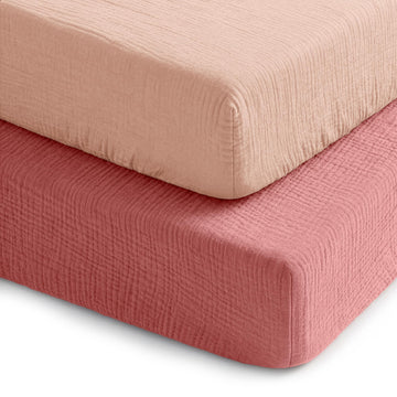 100% Muslin Crib Fitted Sheet 2 Pack, Dusty Rose and Blush - 100% Cotton, Soft & Breathable Crib Sheets for Toddler