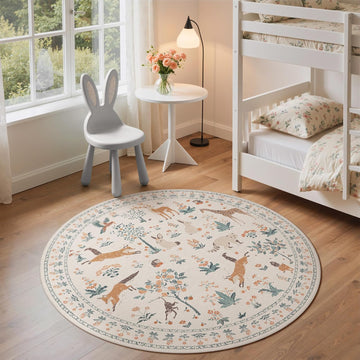 5FT Round Rug, Animal Print Machine Washable Floral Low Pile Non-Shedding Pet Friendly Circle Rug No