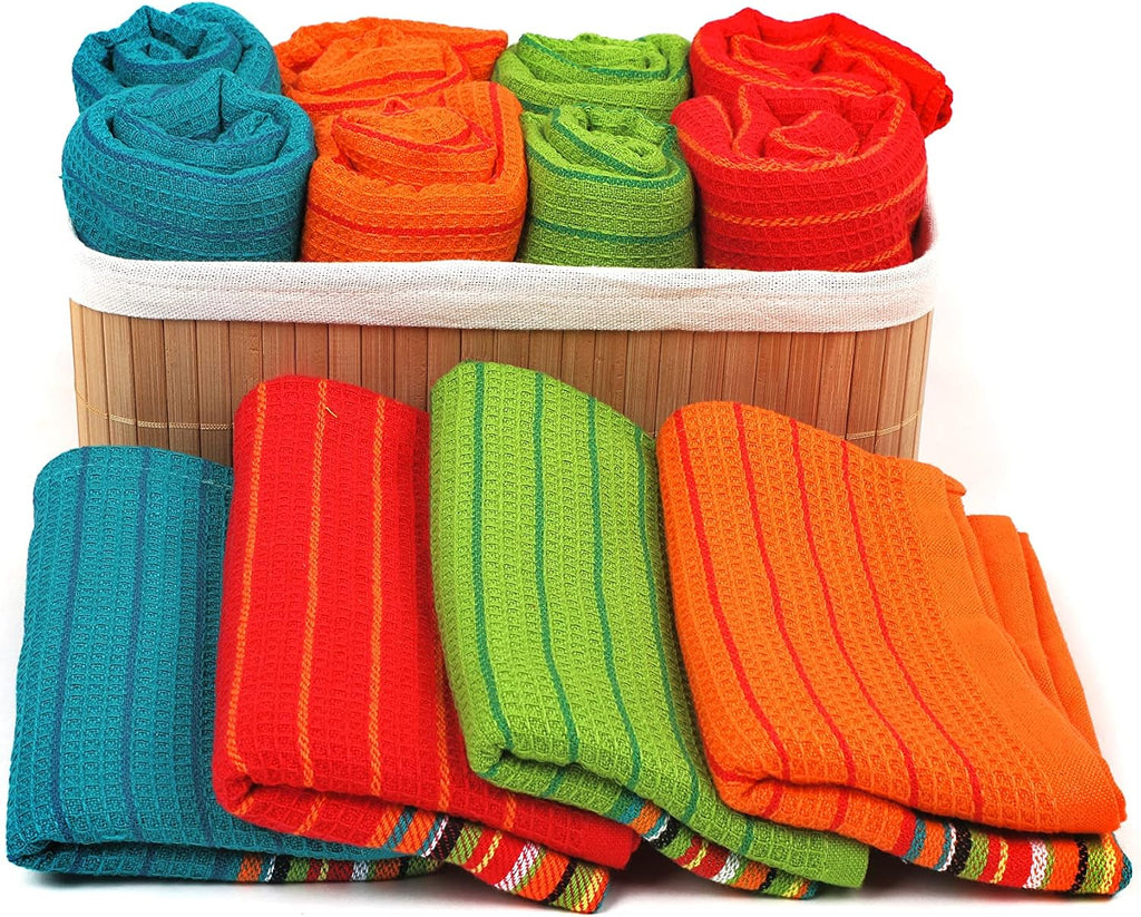 Salsa Stripe Kitchen Dish Towels | 100% Natural Absorbent Cotton Waffle Towels | Multi-Purpose Festive Red, Orange