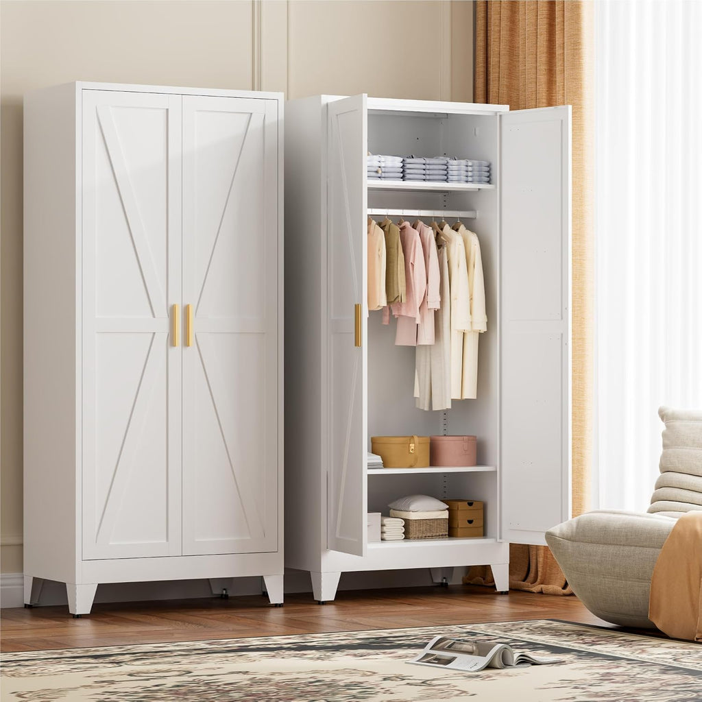 71" Tall Metal Wardrobe Closet with Adjustable Shelves and Hanging Rod, 2 Doors Free Standing Armoire Wardrobe
