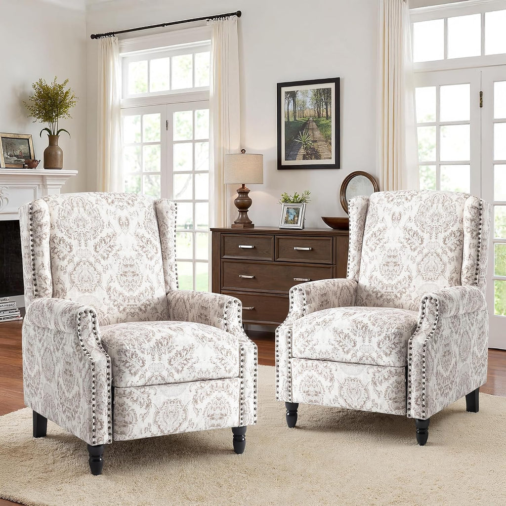 Wingback Floral Pushback Recliner Chair, Beige, Set of 1 | Cotton Linen Fabric | High-Density Foam Seat | Solid Wood