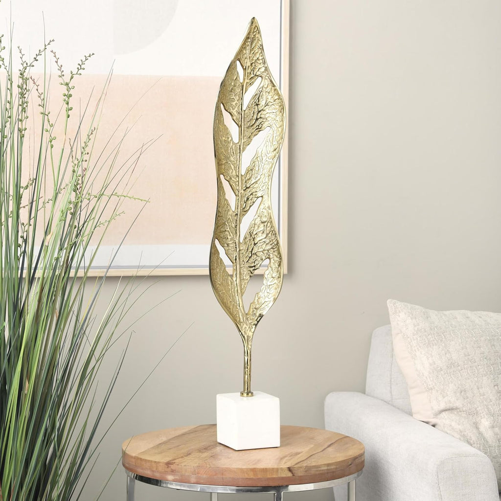79 Aluminum Metal Leaf Decorative Sculpture Tall Textured Cutout Home Decor Statue with White Marble Base, Accent