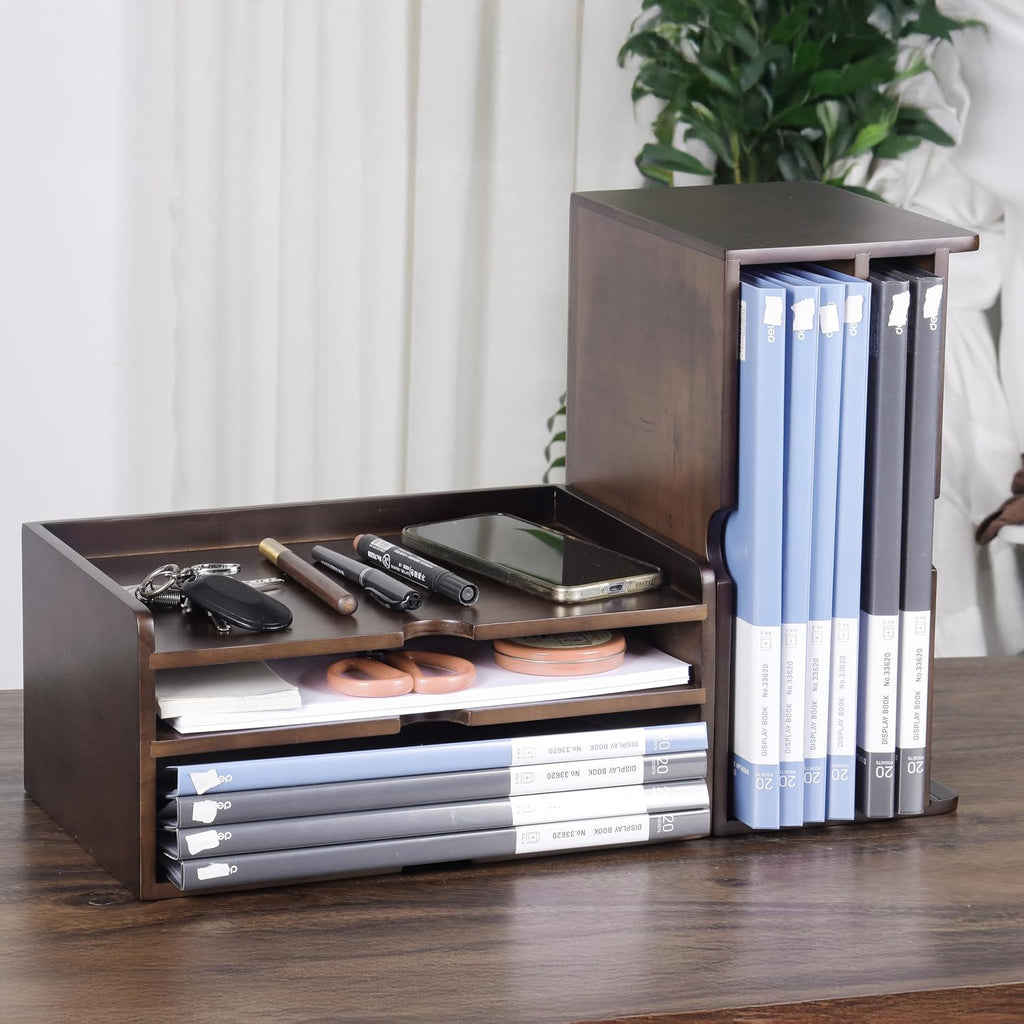 Wooden Desk Organizer with File Sorter, Stackable Paper Tray & Mail Holder | Solid Wood, No Assembly | 2-in-1 Tray &