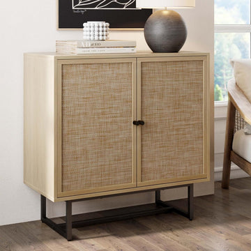 Kova Accent Sideboard Storage Cabinet in Light Wood and Rattan with Metal Frame, Adjustable Shelves and Cane Doors