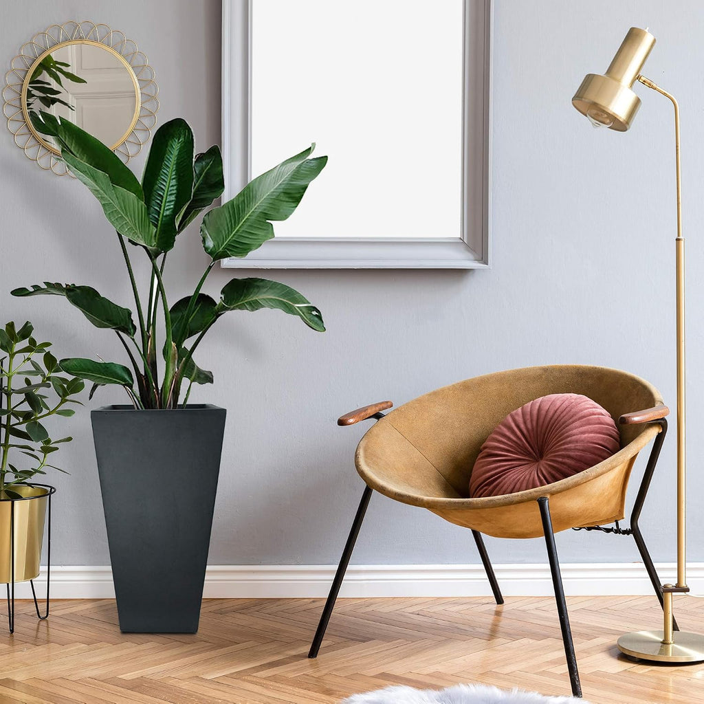 28 Inch Tall Tapered Concrete Planter, Modern Style Large Plant Pot with Drainage Hole and Rubber Plug , Backyard