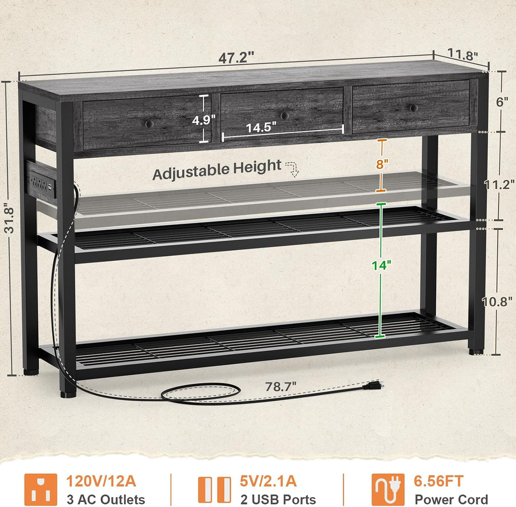 47'' Entryway Table with Outlets and USB Ports, Console Table with 3 Drawers, Sofa Table Narrow Long with Storage