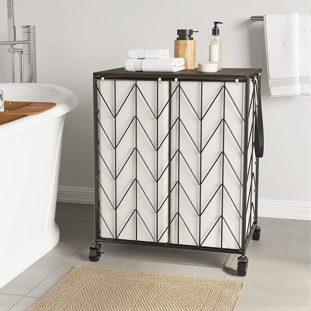 Double Laundry Hamper with Lid, Rolling Laundry Basket with Wheels | Heavy Duty Wire Clothes Hamper with Divided