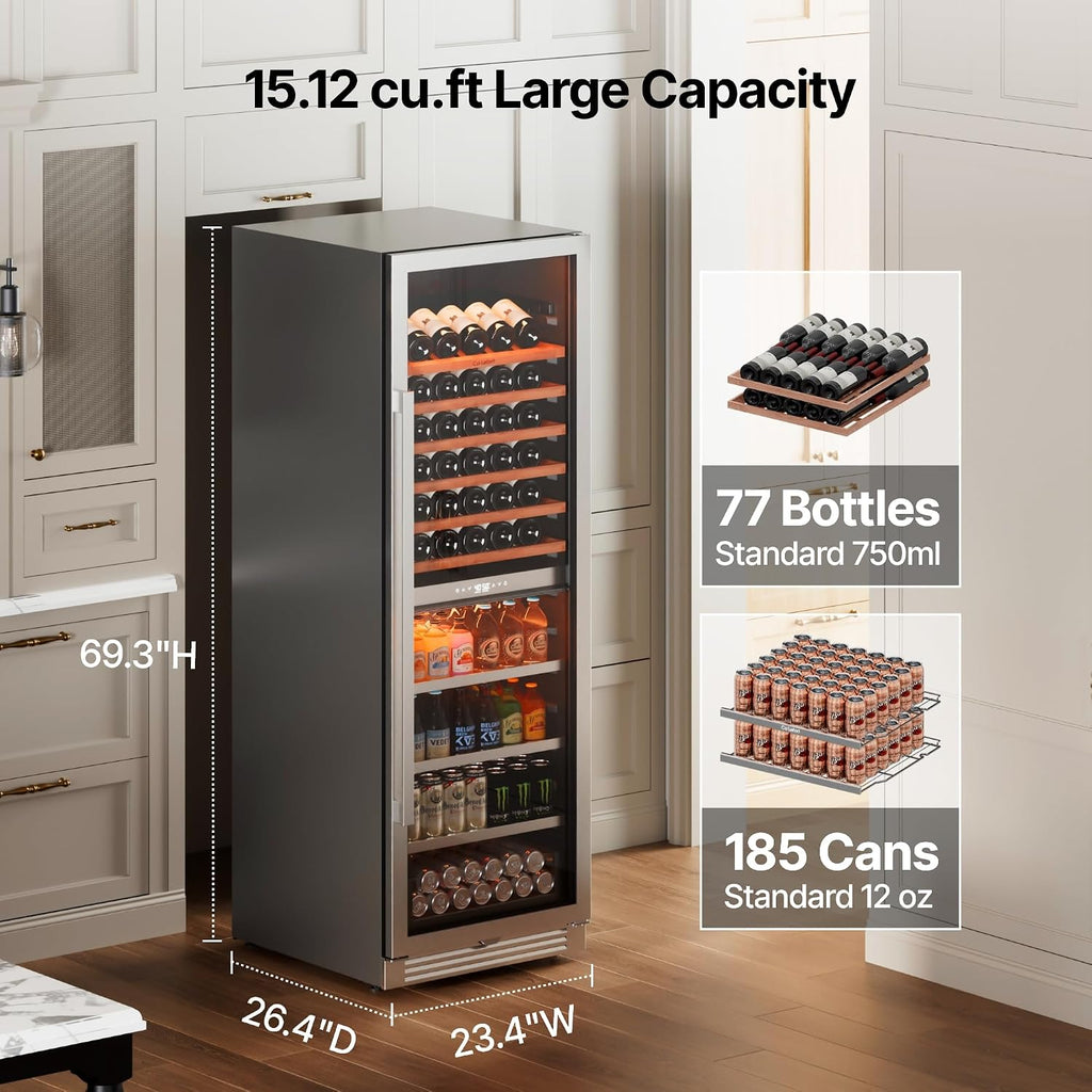 24 Inch Wine & Beverage Refrigerator - 185 Can + 77 Bottle Dual Zone 34-65°F Cooler