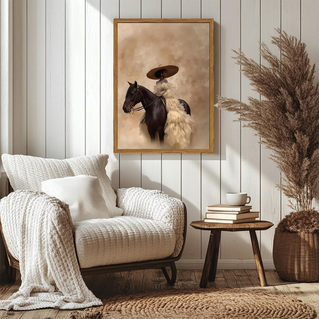 Framed Western Cowgirl Wall Art, Fashion Black Girl Riding Horse Canvas Wall Decor Painting, Black Woman African