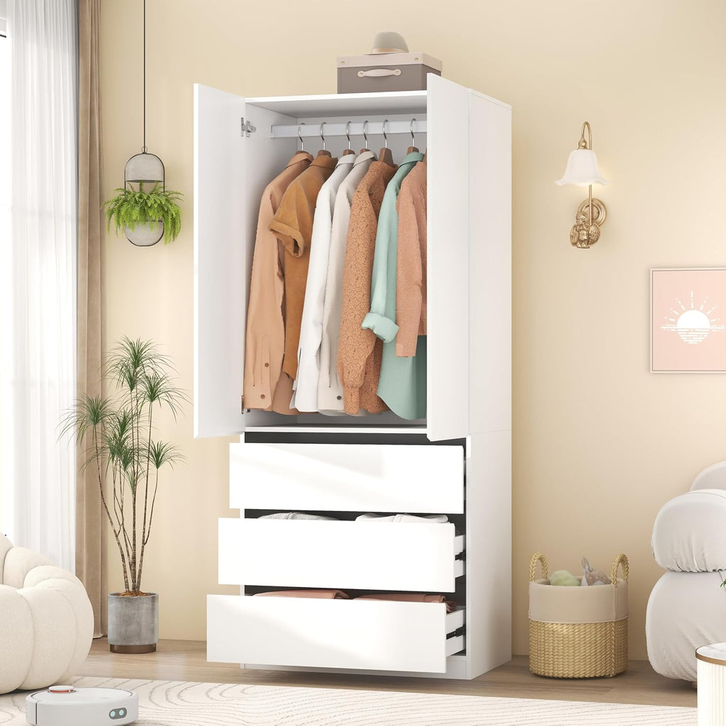 Armoire Wardrobe Closet with Drawers:75" Large White Wardrobe Closet Cabinet with 2 Doors for Hanging Clothes, Modern