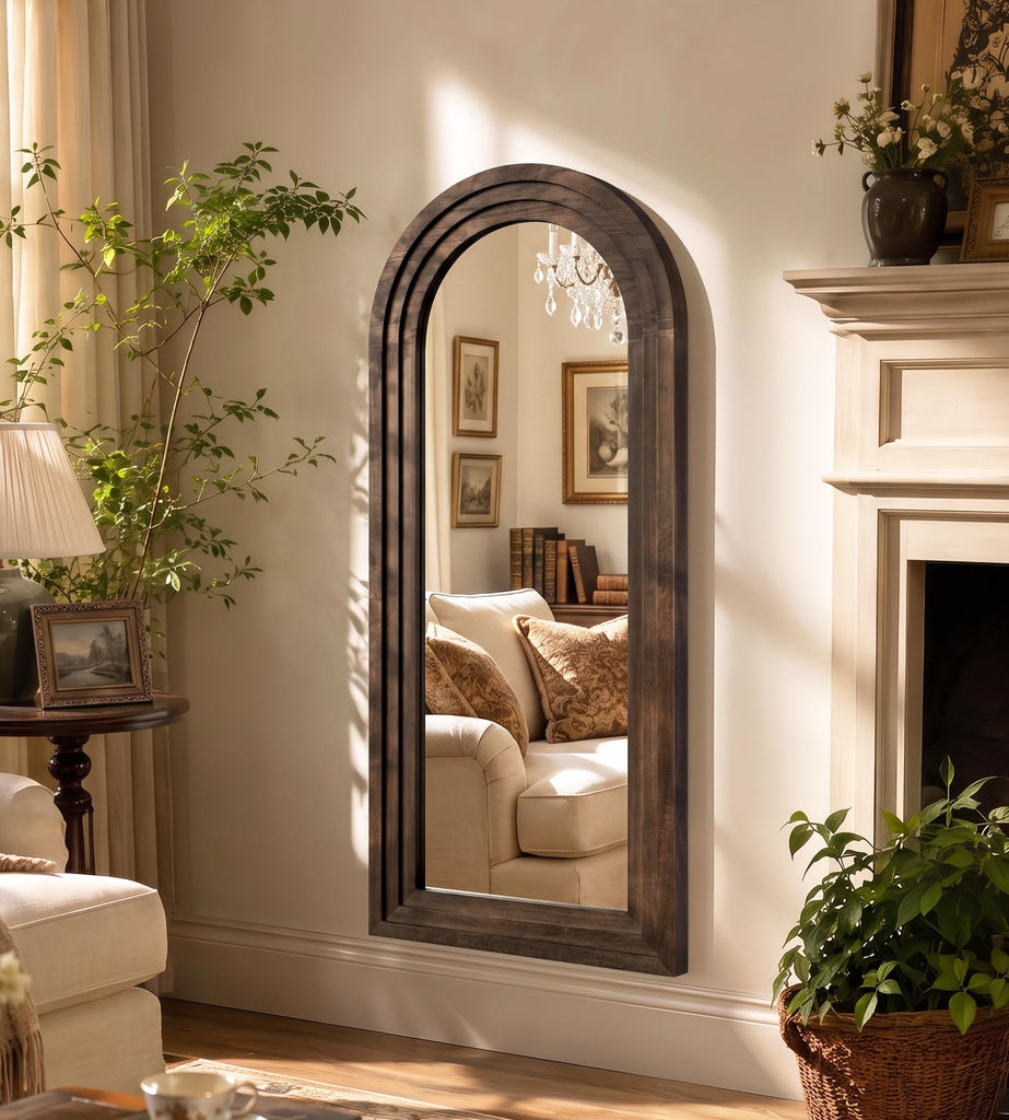 Arched full length mirror, solid wood frame, 55x23in walnut