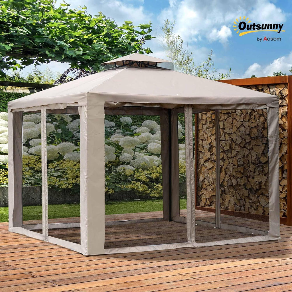 9.6' x 9.6' Patio Gazebo, Outdoor Canopy Shelter with 2-Tier Roof and Netting, Steel Frame and Deck, Taupe