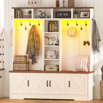 Hall Tree with Bench and Shoe Storage, Farmhouse Entryway Bench with Coat Racks and Led Lights, Large Hall Tree with