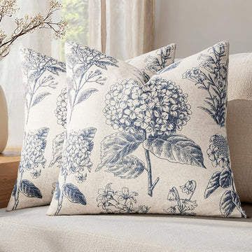 Set of 2 Decorative Floral Neutral Pillow Covers 18x18 Inch Light Blue Hydrangea Print Outdoor Boho Vintage Throw