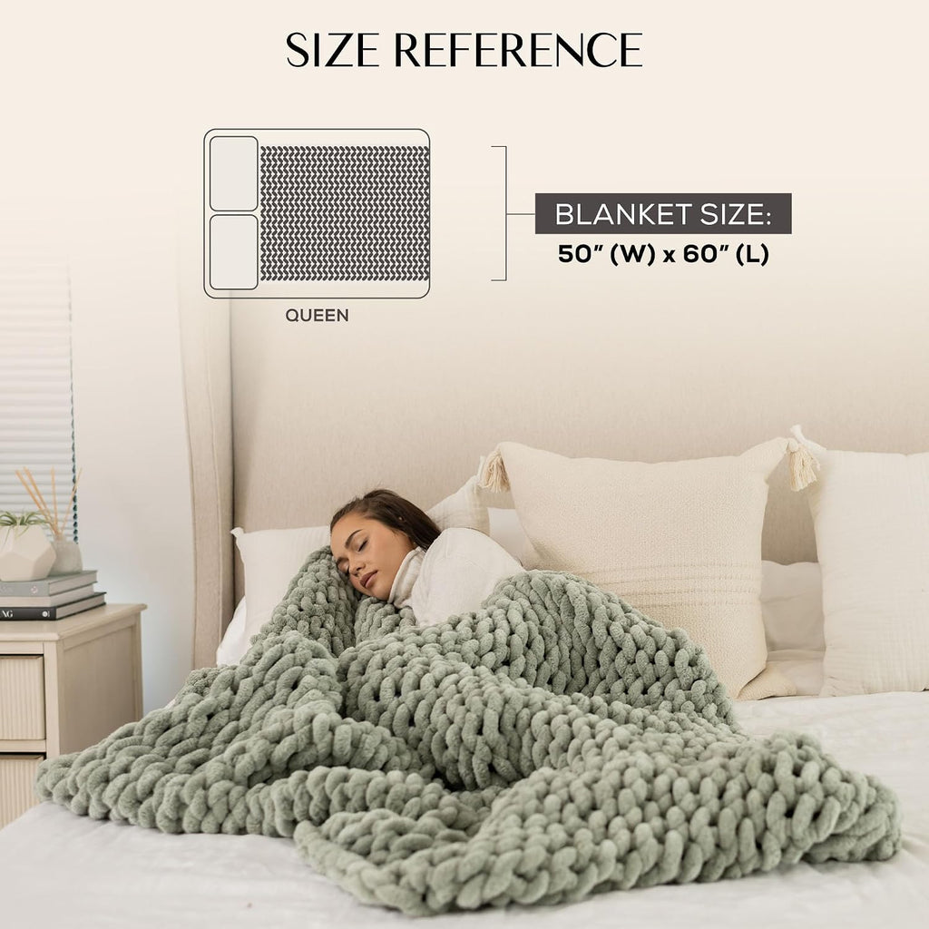 Chunky Knit Throw Blanket 50x60, Sage Green Chenille Throw Blanket, Soft Fluffy Cable Knit Blanket, Oeko-TEX