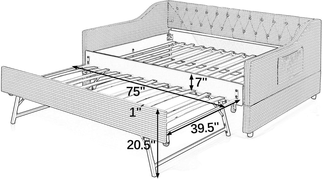Gingham Daybed with Pull-Out Trundle and Side Pocket /Guest Room, Full Size Upholstered 3-in-1 Versatile Sofabed