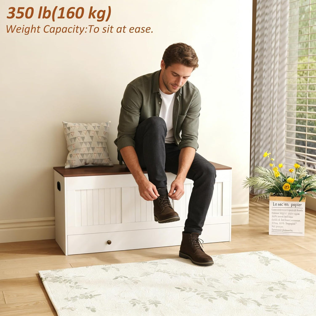 44.3" Storage Chest with 2 Drawers, Retro Wooden Storage Trunk with 2 Safety Hinges,Large Shoe Bench with Storage