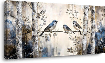 Beige Sparrow Bird Wall Art Decor Cute Chickadee Birds Canvas Pictures Birch Tree Woods Painting Prints Deco Wildlife