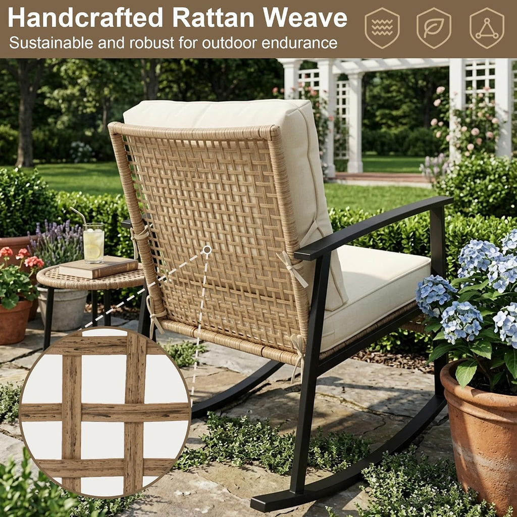Outdoor Rocking Chairs Set of 2, 3-Piece Bistro Patio Furniture Set with Thick Cushions, Wicker Rocking Chair &