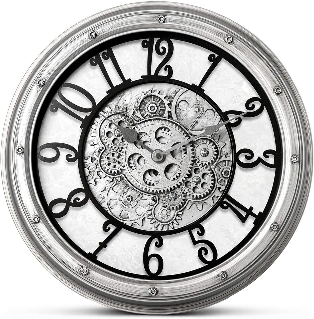 Wall Clock with Moving Gears, Vintage Industrial 16-Inch Silent Non-Ticking Steampunk Timepiece, Retro Frame Analog Battery Operated...