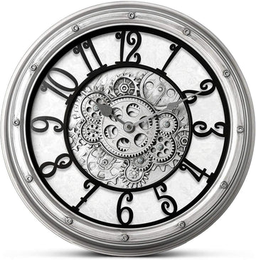 Wall Clock with Moving Gears, Vintage Industrial 16-Inch Silent Non-Ticking Steampunk Timepiece, Retro Frame Analog Battery Operated...