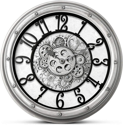 Wall Clock with Moving Gears, Vintage Industrial 16-Inch Silent Non-Ticking Steampunk Timepiece, Retro Frame Analog Battery Operated...